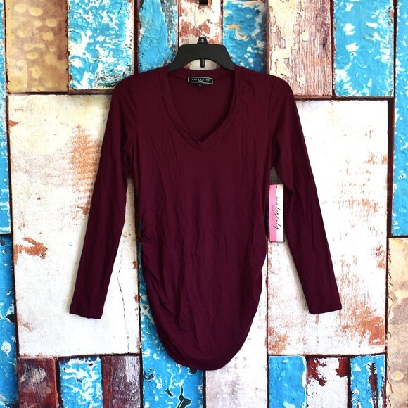 Women's Maternity Vibes T-Shirt Long Sleeve V-Neck Top SMALL Maroon NEW - Picture 1 of 9